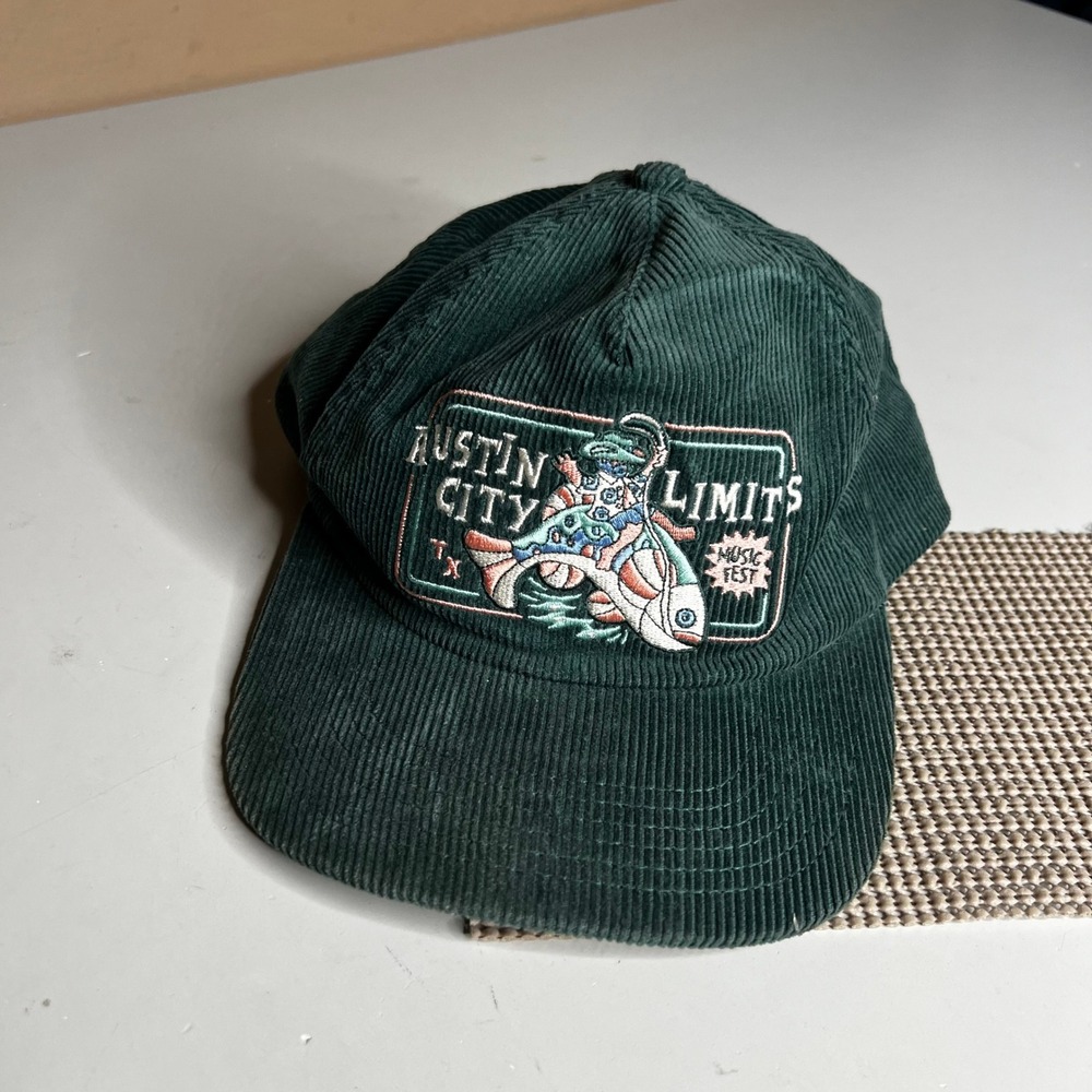 Austin City Limits Music Fest Corduroy Snapback Hat Green Armadillo Fish TX